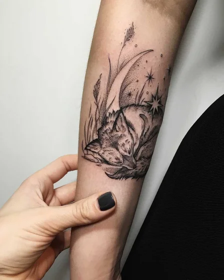 Fine Line fox, moon, and star tattoo idea for women on forearm