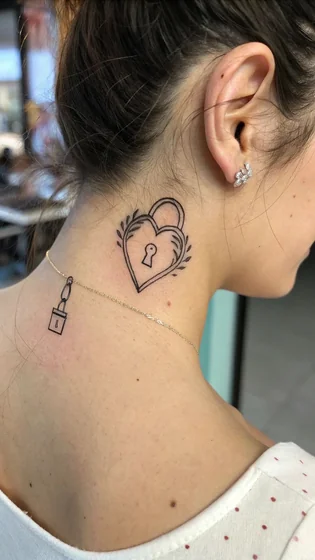 Fine Line heart padlock floral tattoo idea for women on neck