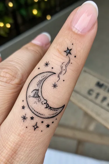 Fine Line minimalist moon and star tattoo design for women on finger