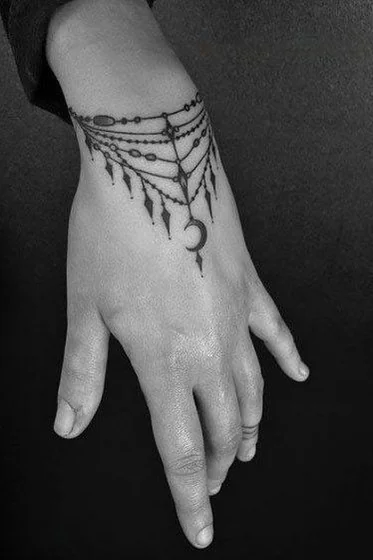 Fine Line moon and bracelet tattoo design for women on wrist and hand