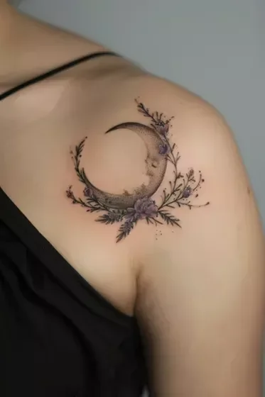 Fine Line moon and floral tattoo design for women on shoulder.