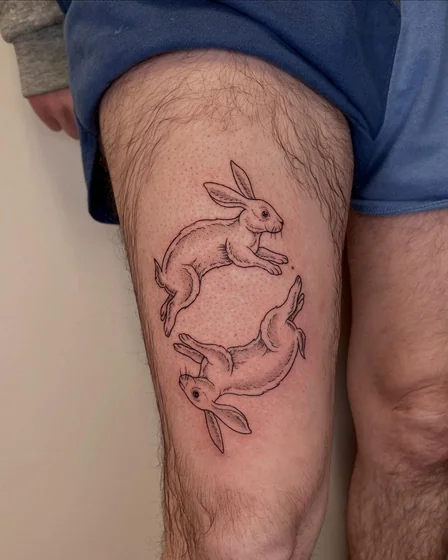 Fine Line sketch rabbit tattoo design for men on thigh