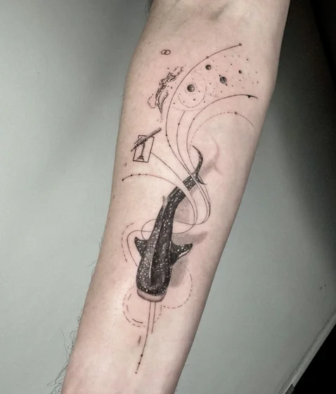 Fine Line whale shark, cosmic, infinity tattoo design for men on forearm