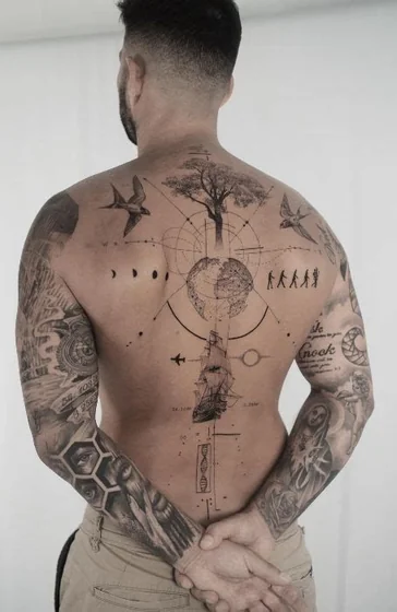 Fine line and realistic tree, bird, moon, and world map tattoo design for men on back and full sleeve