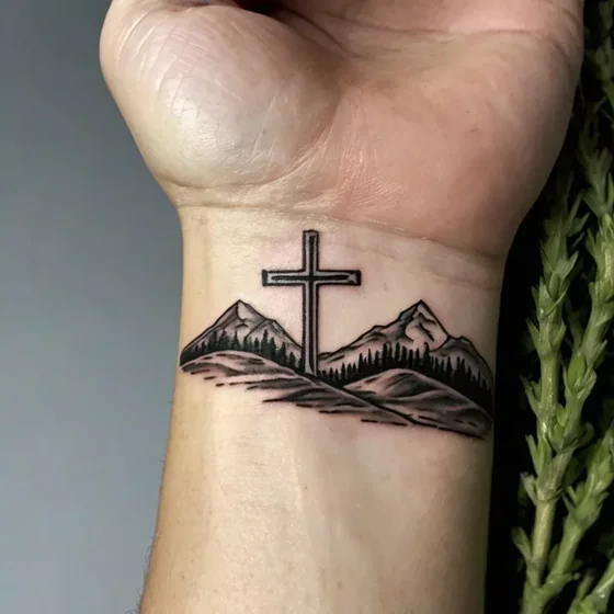 Fine line cross mountain tree tattoo for men/women on wrist