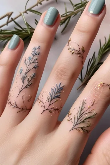 Fine line floral vine tattoo design for ladies on fingers.