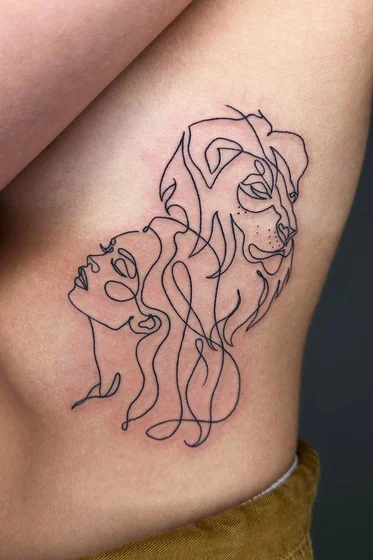 Fine line minimalist lion and female face tattoo design for women on rib