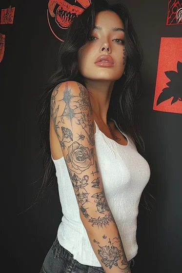 Fine line patchwork floral tattoo for women on arm and face