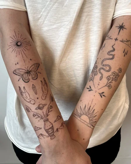 Fine line patchwork sun, butterfly, snake tattoo design for women on forearm.