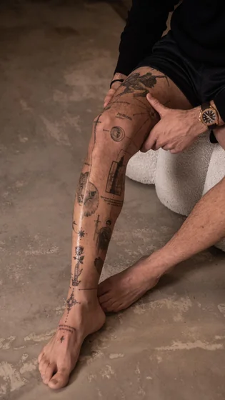 Ideia de tatuagem patchwork de linha fina para homens com São Miguel, coruja, tigre e arquitetura na perna