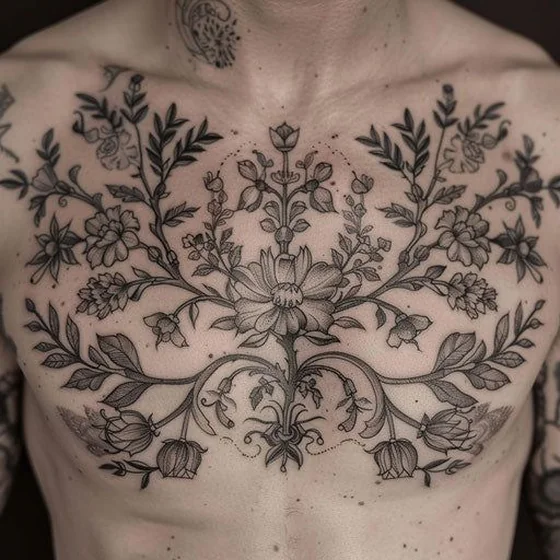 Floral Fine Line Black And Grey tattoo design for men on chest