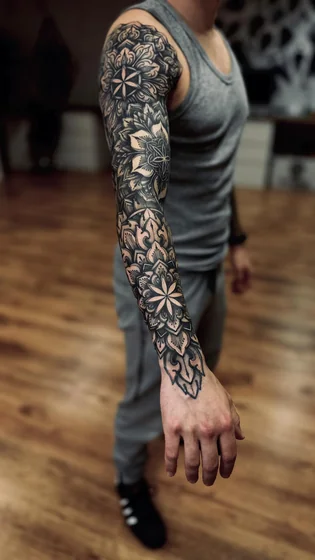 Geometric Black And Grey Floral Mandala full sleeve tattoo design for men