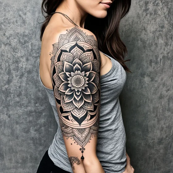 Geometric Black And Grey Mandala Floral tattoo for women on half sleeve