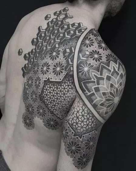 Geometric Dotwork 3D cubes tattoo for men on shoulder & arm