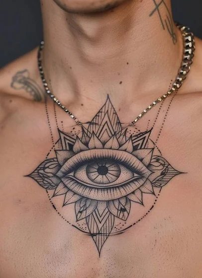 Geometric Dotwork All-Seeing Eye floral tattoo idea for men on sternum