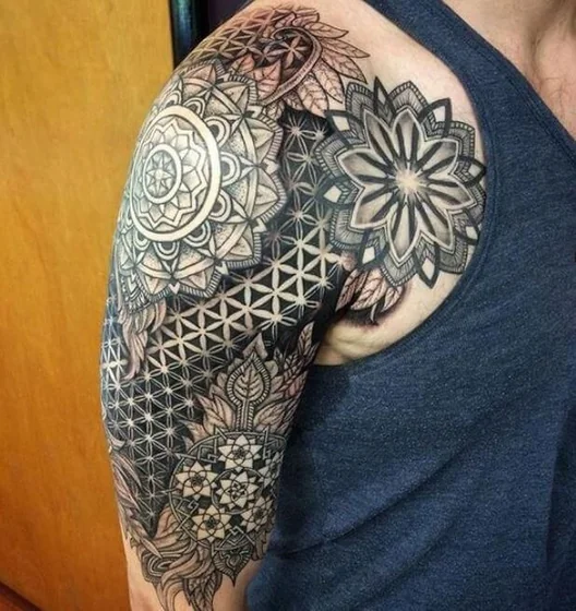 Geometric Dotwork Mandala Floral tattoo for men on shoulder half sleeve