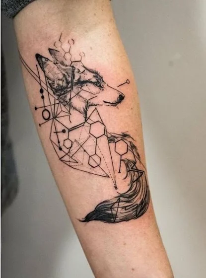 Geometric Fine Line wolf tattoo design for women on forearm.