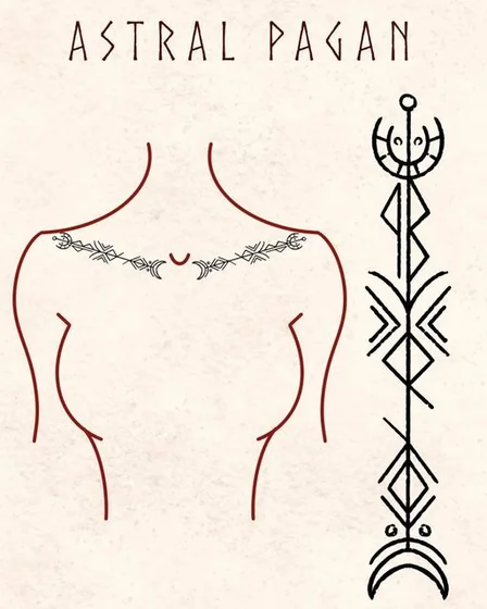 Geometric Linework Moon Pagan Symbol sternum tattoo design for women