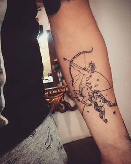 Geometric Linework Sagittarius tattoo idea for men on forearm