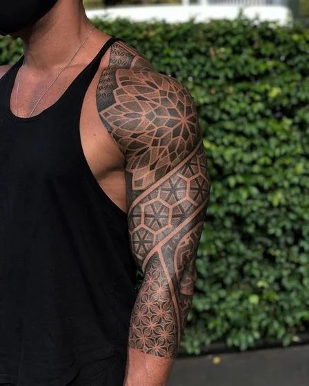 Geometric Pattern Blackwork full sleeve tattoo idea for men