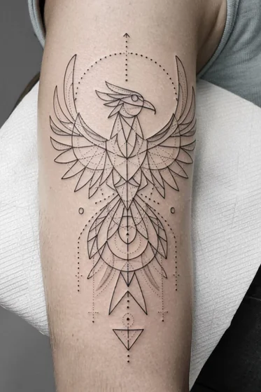 Geometric Phoenix Dotwork tattoo for men and women on Upper Arm
