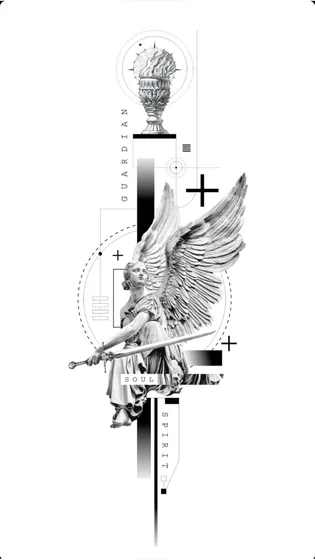 Geometric Realism Angel with Sword tattoo design for women