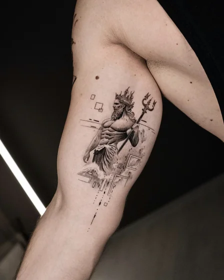 Geometric Realism Greek God tattoo design for men on Bicep tattoo ideas