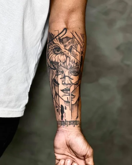 Geometric Realism owl and female face tattoo design for men on forearm