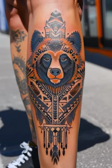 Geometric Tribal Bear Native American Feather tattoo idea on Calf