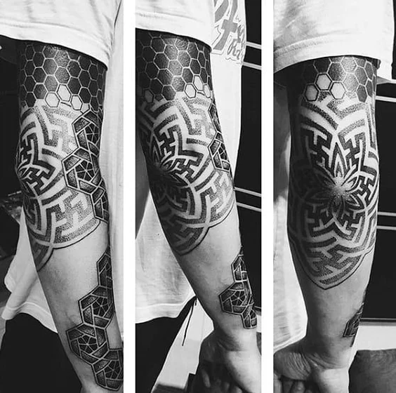 Geometric and Dotwork Hexagon Maze tattoo design for men on forearm and elbow