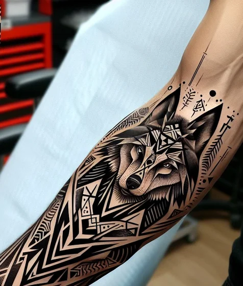 Geometric blackwork wolf tattoo design for men on forearm
