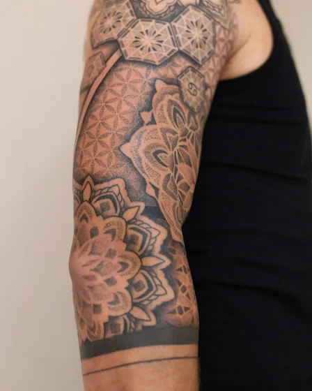 Geometric dotwork Mandala, Sacred Geometry half sleeve tattoo for men