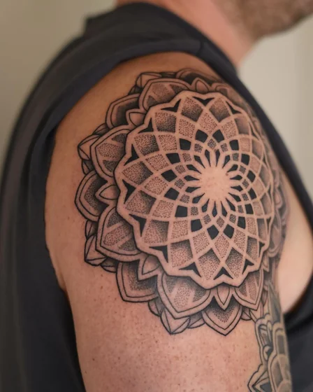 Geometric dotwork Mandala tattoo design for men on shoulder