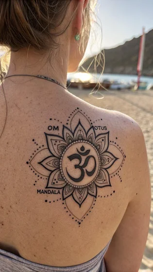 Geometric dotwork Om Mandala Lotus tattoo idea for ladies on back
