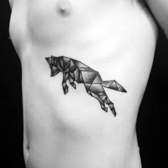 Geometric dotwork fox tattoo design for men on rib