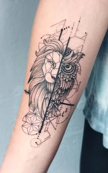 Geometric dotwork lion and owl tattoo design for women on forearm