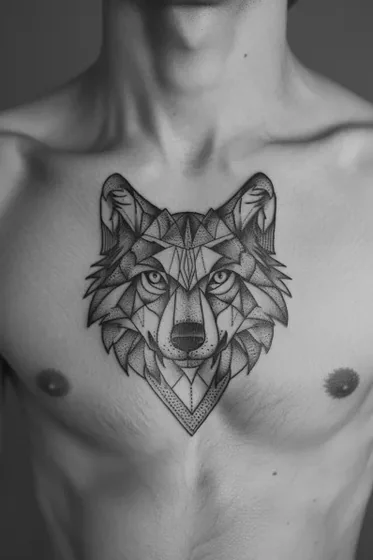 Desenho de tatuagem de lobo geométrico em pontilhismo para homens no peito