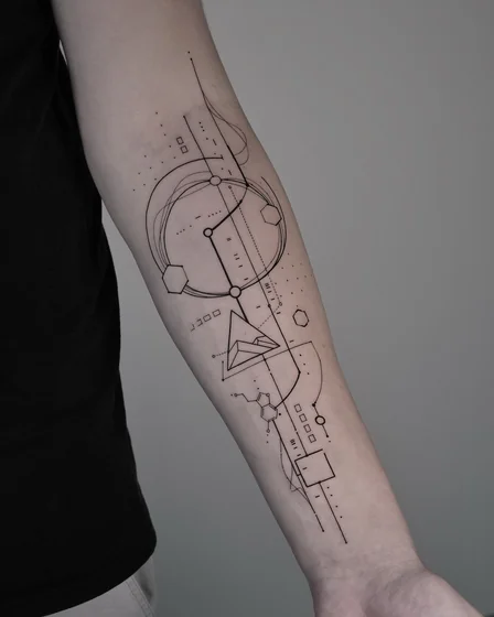 Geometric fine line tattoo design with chemical structure for men/women on forearm