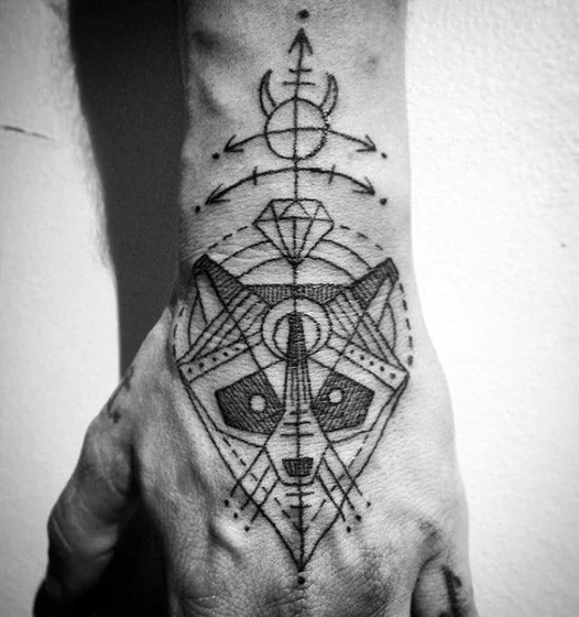 Geometric raccoon, horned symbol, diamond tattoo for men on hand