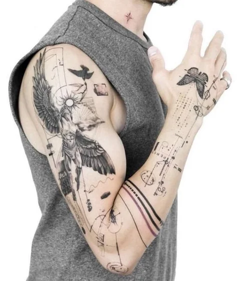 Geometric realism angel, sun, bird tattoo design for men on upper arm, forearm
