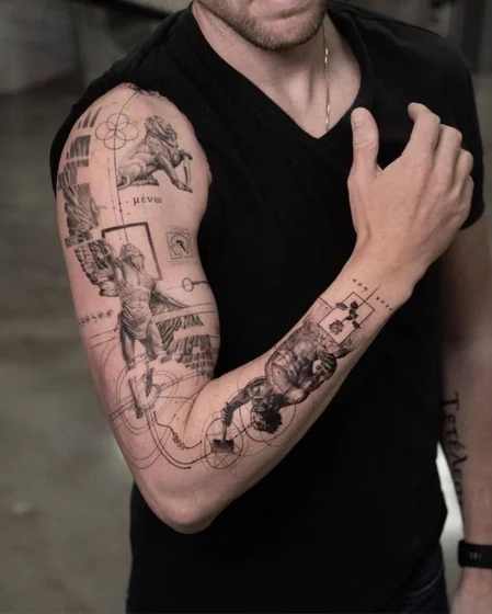 Geometric realism classical sculpture and lion tattoo for men on arm
