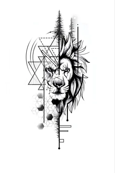 Geometric sketch lion and tree tattoo design for men and women