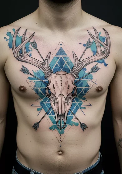Geometric watercolor deer skull tattoo idea for men on chest