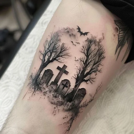 Gothic Black And Grey graveyard tattoo for men and women on forearm