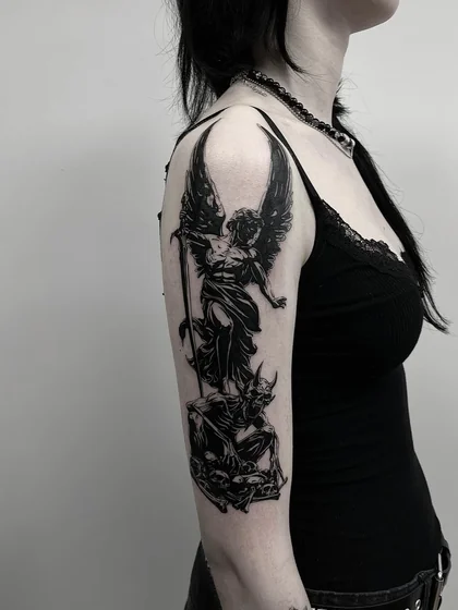 Gothic Blackwork Saint Michael and Demon tattoo for women on half sleeve