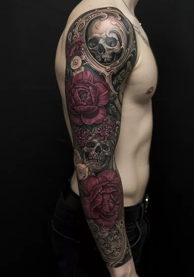 Gothic Realism skull & floral full sleeve tattoo design for men