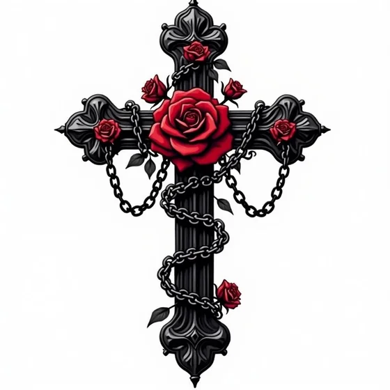Gothic cross, rose, chain tattoo design for men and women