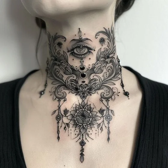 Gothic fine line floral and eye tattoo design for women on neck and sternum