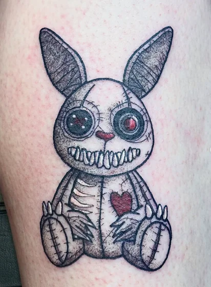 Horror Black And Grey bunny with heart and stitching tattoo idea on leg