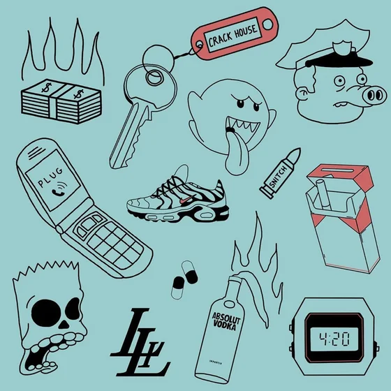 Ignorant style flash sheet with skull, ghost, money stack designs.